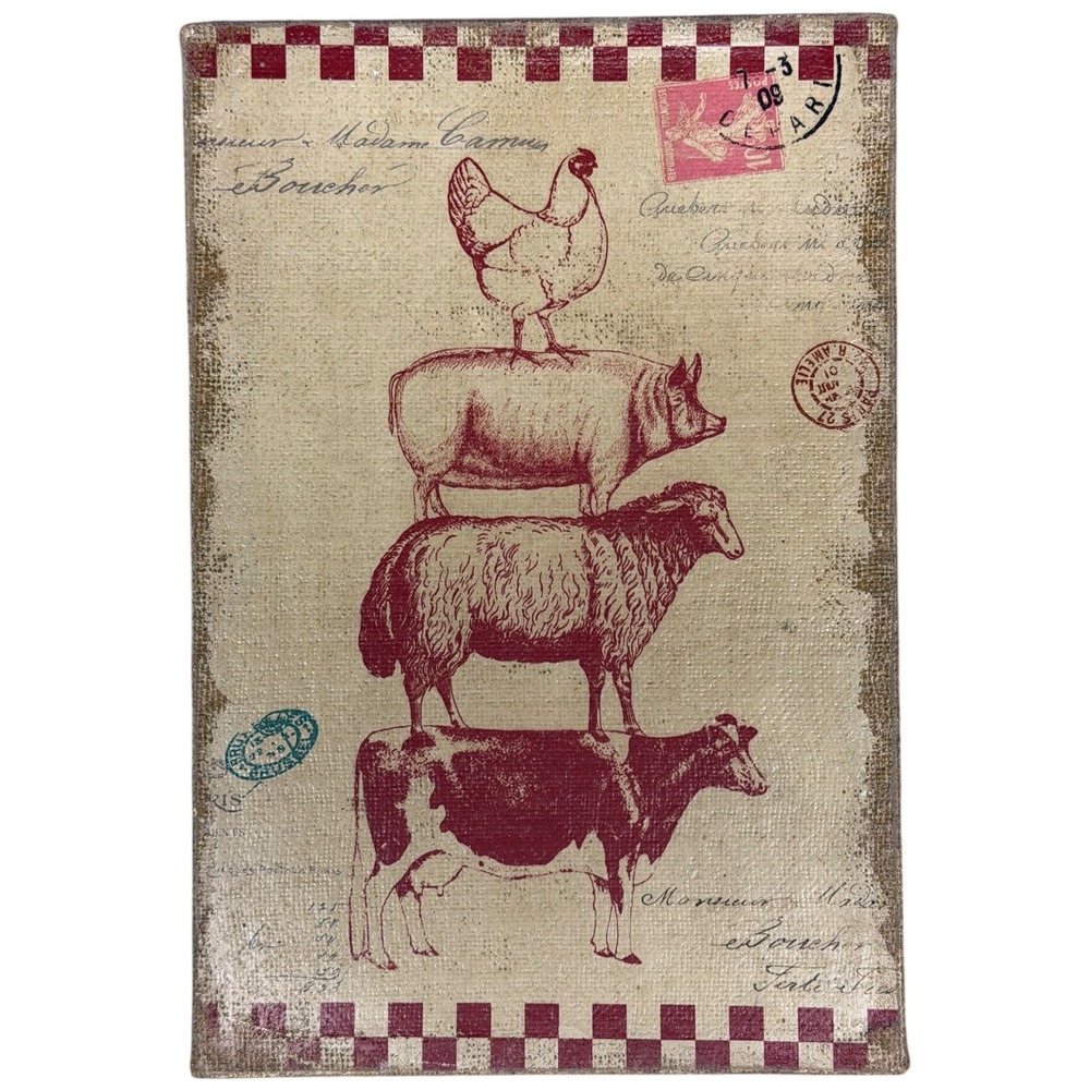 Farmhouse Stacked Animals Canvas Wall‎ Art Burlap French Country Decor 13x19in